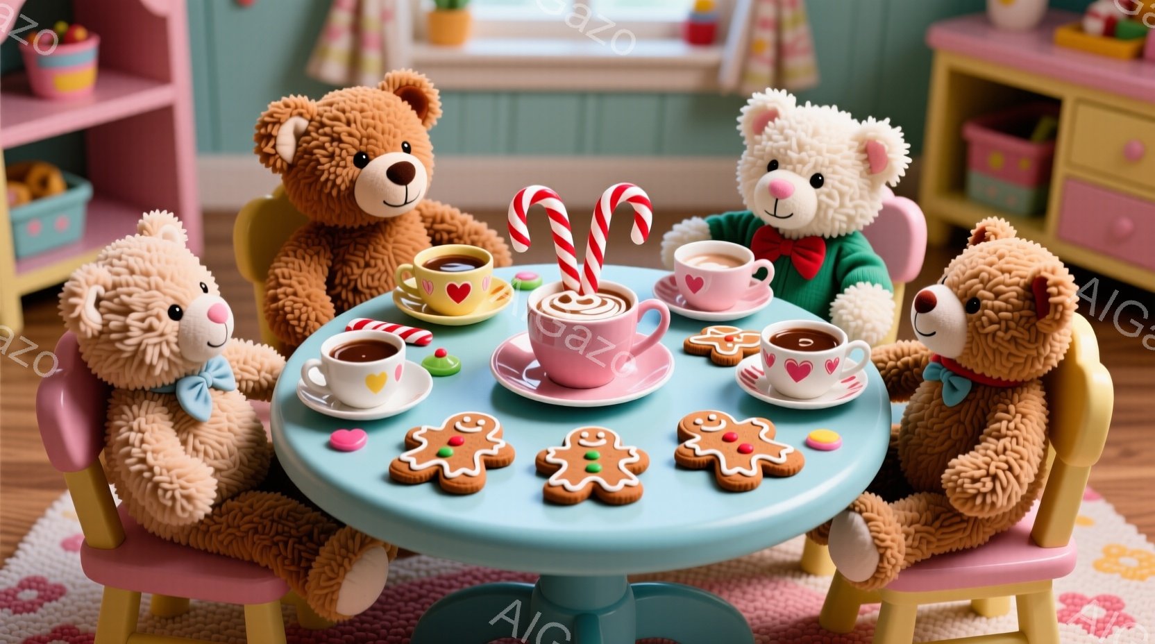 暖炉のある居間に、4匹のテディベアが円形の水色のテーブルを囲んでティーパーティーを楽しんでいます。それぞれのベアは異なる色の服を着ており、テーブルにはクッキーやホットチョコレートが並んでいます。背景にはピンクと水色の可愛らしい収納棚があり、全体的に温かく、幸せなクリスマスの雰囲気です。