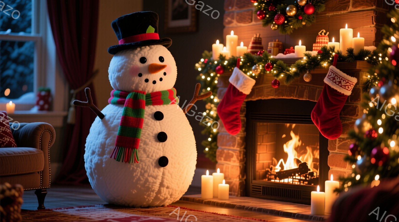 暖炉の前には、大きな雪だるみが立っており、黒い帽子、緑と赤のストライプのスカーフ、そして黒いボタンでできています。暖炉は燃え盛っており、クリスマスのリースとストッキングが飾られ、周囲にはキャンドルが灯されています。このシーンは暖かく、お祝いの雰囲気で満たされています。