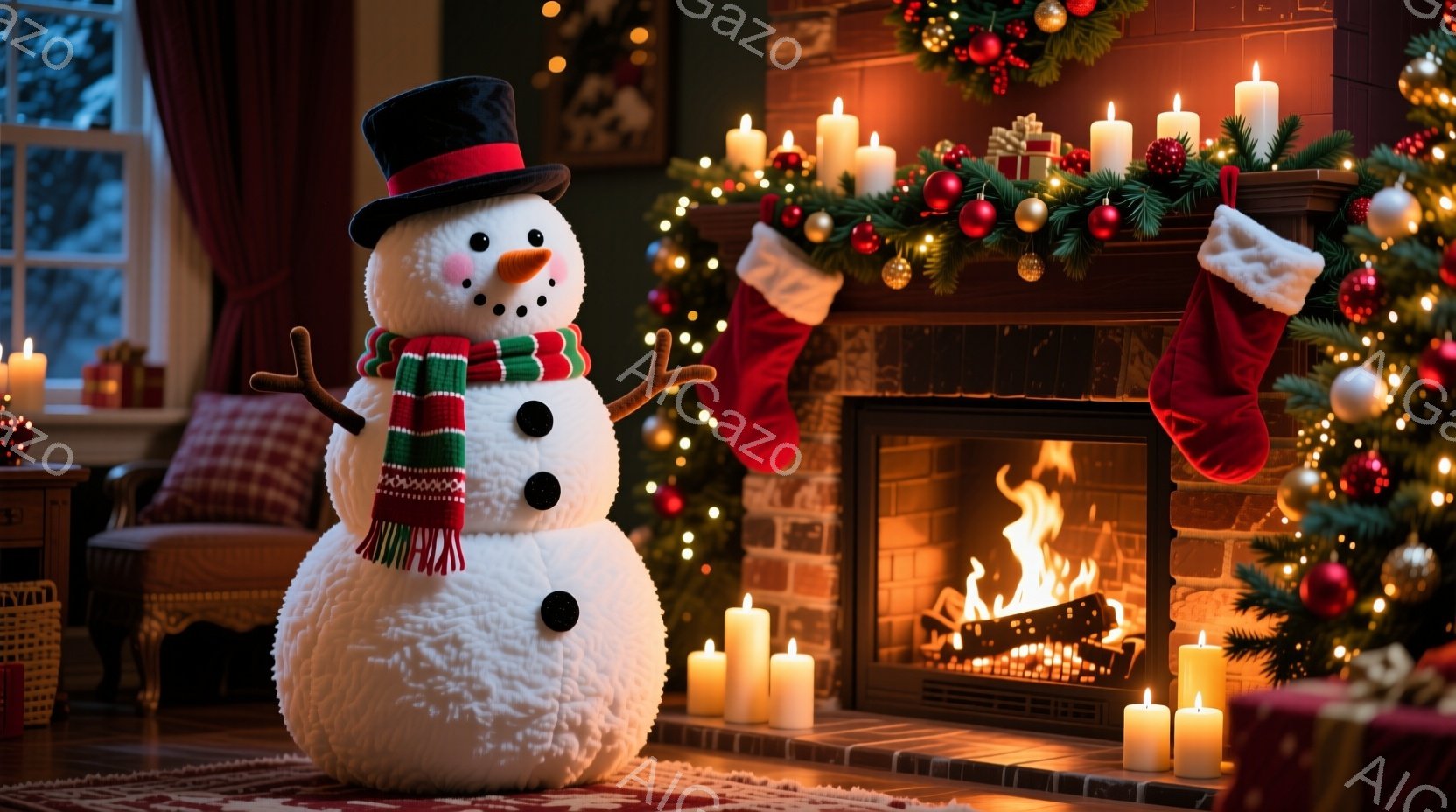 雪だるまが暖炉の前に立っており、黒いシルクハットと赤いストライプのスカーフを身につけています。暖炉には火が燃え盛り、レンガ造りの壁の上にはクリスマスリースと靴下が飾られています。背景にはクリスマスツリーが見え、部屋全体が温かく、お祝いの雰囲気に包まれています。