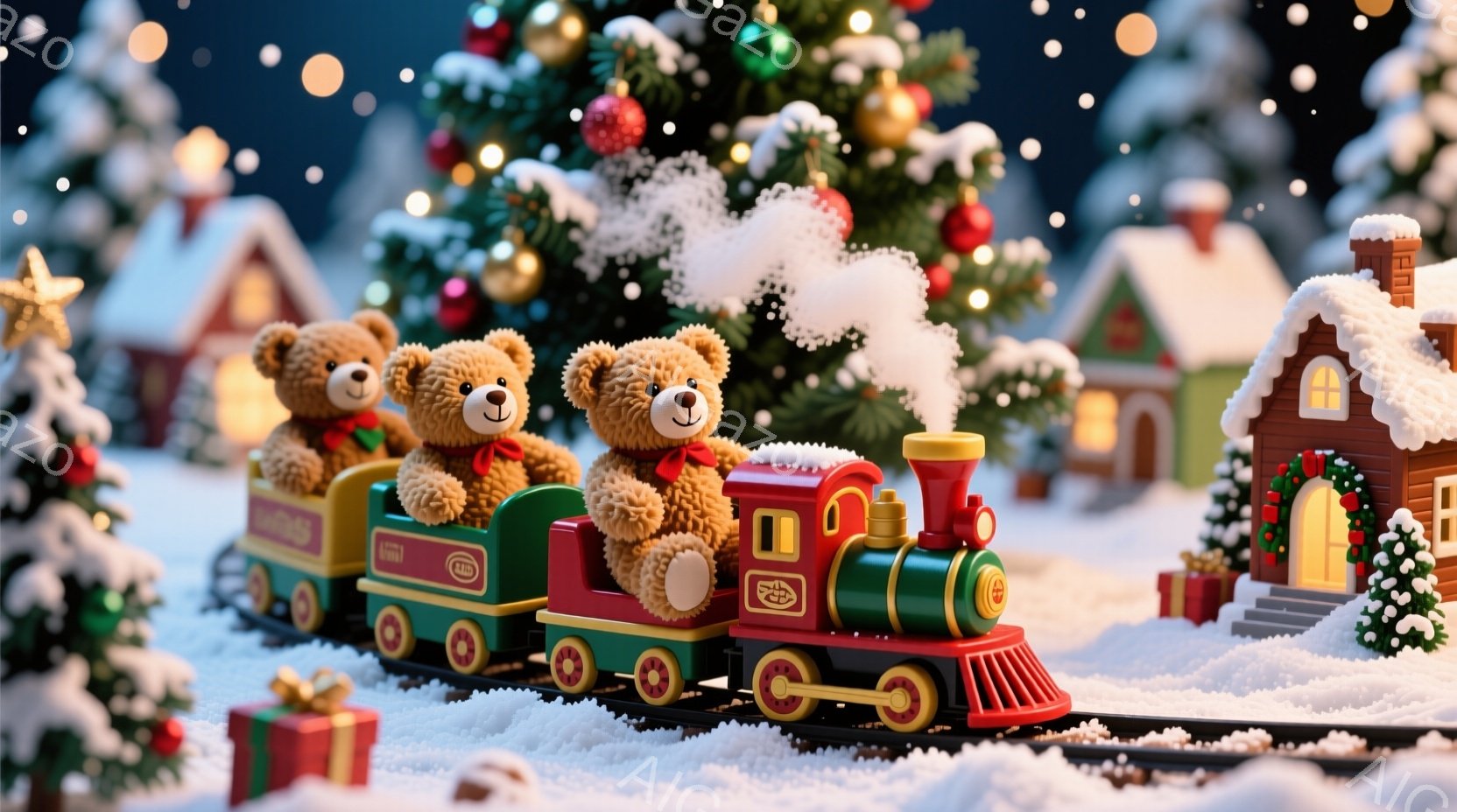 雪景色の中に、可愛らしいテディベアたちがカラフルな汽車に乗って走っています。テディベアたちはそれぞれ赤いスカーフを巻いており、楽しそうな表情をしています。背景には、クリスマスツリーや雪で覆われた可愛らしい家々が並び、温かく幻想的なクリスマスの雰囲気を醸し出しています。