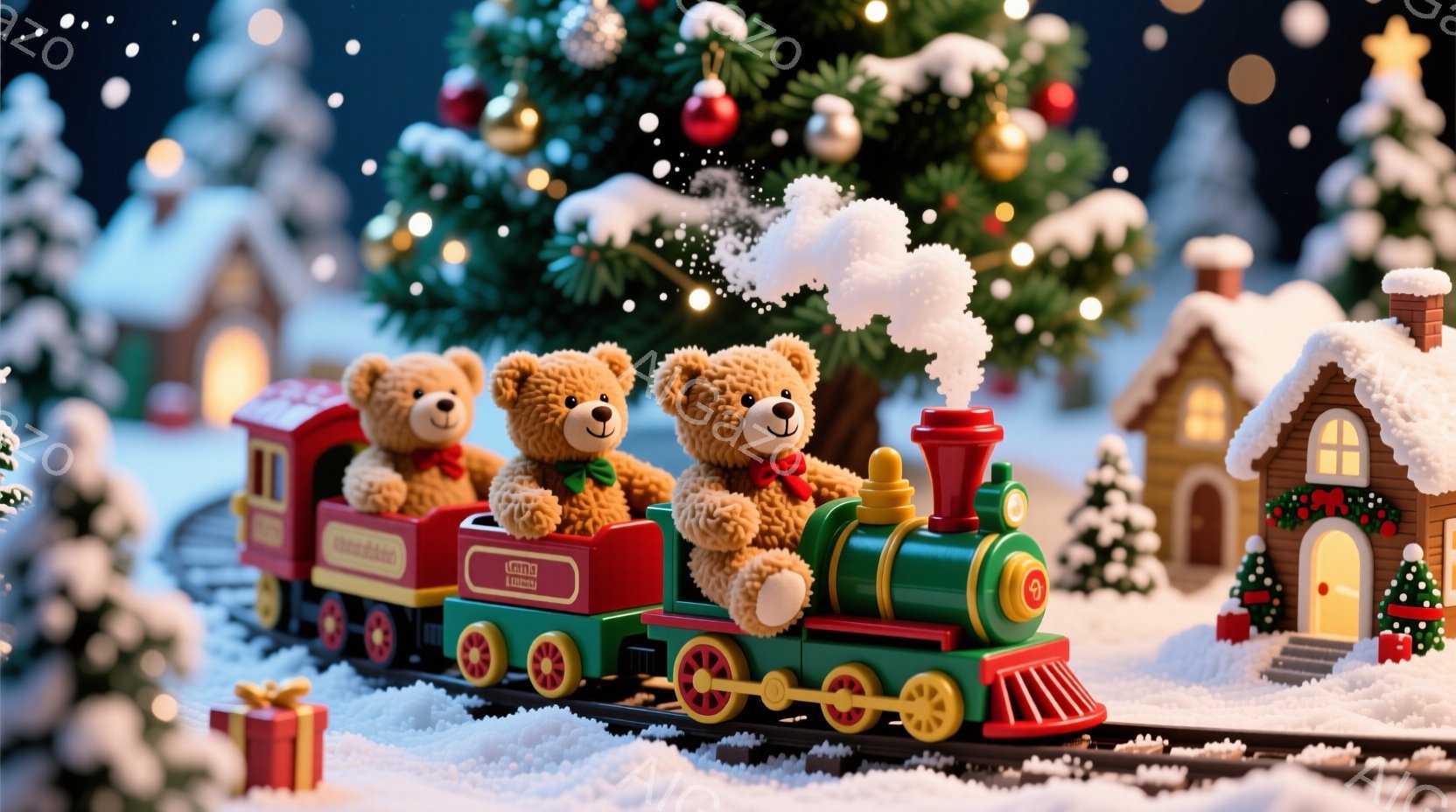 鮮やかな緑色の機関車に乗った3匹のテディベアが描かれています。彼らはそれぞれ赤いスカーフを巻いており、楽しそうな表情をしています。背景には、雪に覆われたクリスマスツリーや可愛らしい家々が並び、冬の暖か - AI生成フリー素材