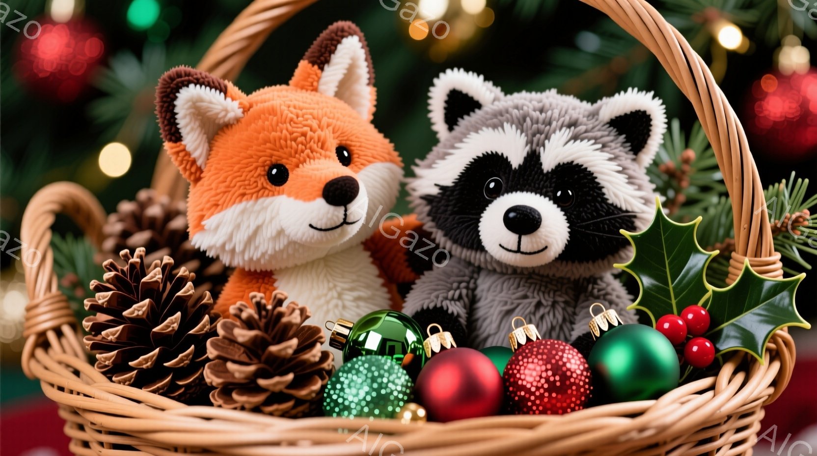 籠の中に、ふわふわのオレンジ色の狐と灰色のタヌキのぬいぐるみがあります。周りには松ぼっくりや赤い実、キラキラと輝くクリスマスオーナメントが散りばめられ、温かみのあるクリスマスの雰囲気を醸し出しています。背景にはぼやけたクリスマスツリーの緑が見え、お祭り気分を高めています。