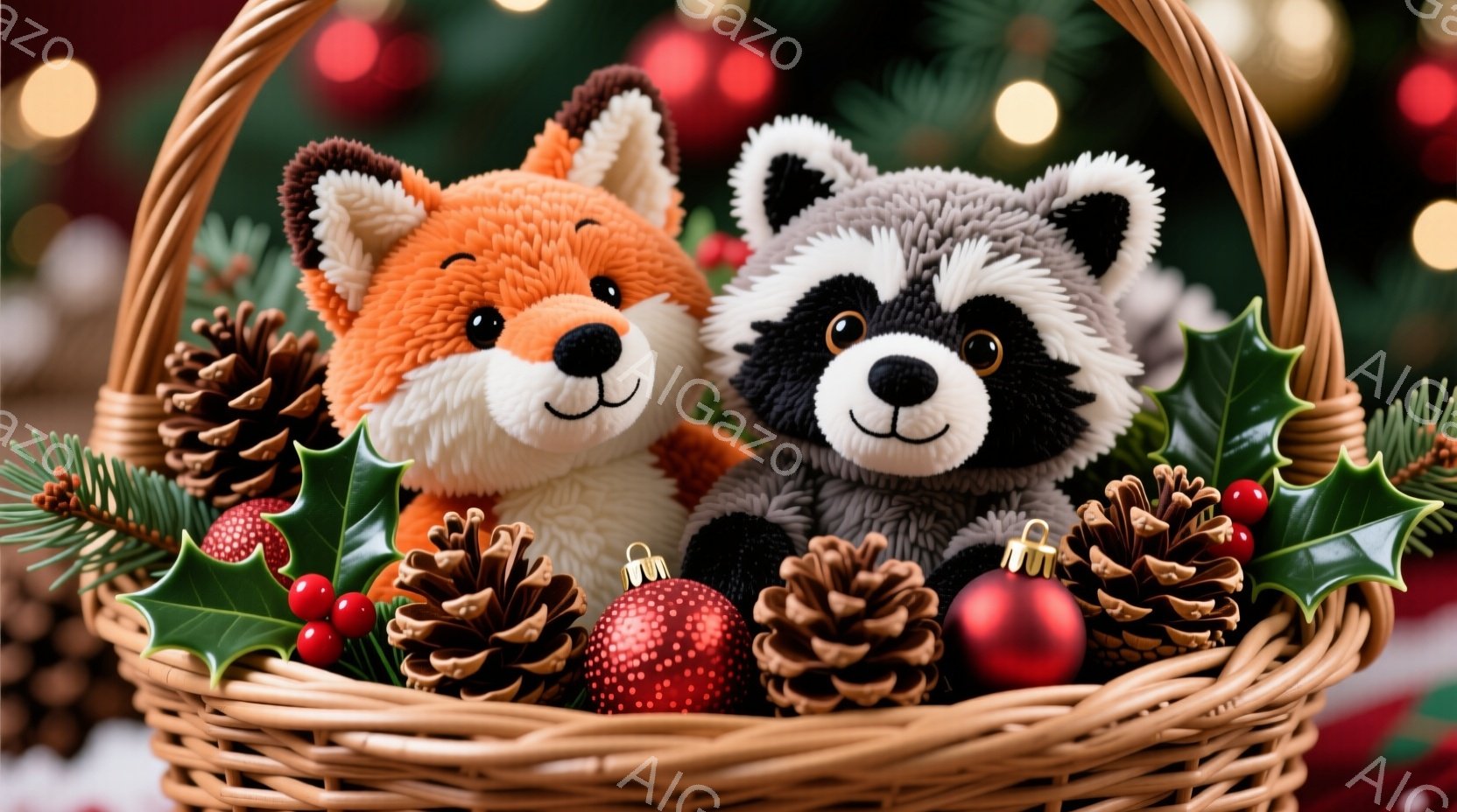 籠の中に、ふわふわのオレンジ色の狐と灰色のタヌキのぬいぐるみがあります。二つのぬいぐるみは正面を見据え、穏やかで可愛らしい表情を浮かべており、周囲には赤い実の付いた葉や松ぼっくり、赤いクリスマスオーナメントが散りばめられています。背景にはぼやけたクリスマスツリーのライトが見え、温かく、お祝いムードを漂わせています。