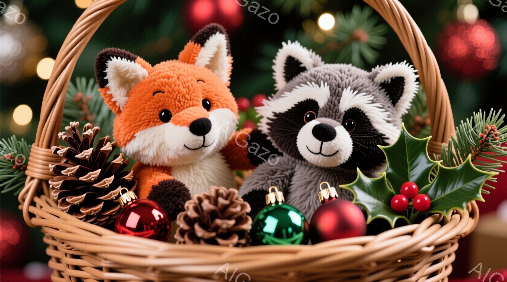 籠の中に、オレンジ色のキツネとグレーのアライグマのぬいぐるみがあります。その周りには、赤い実のついた葉、松ぼっくり、そして赤い、緑の、メタリックな装飾ボールが散りばめられており、クリスマスの雰囲気です。全体的に暖かく、お祝いのムードが漂っています。