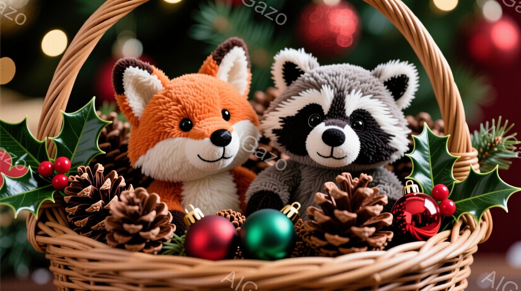 籠の中に、可愛らしいキツネとアライグマのぬいぐるみがあります。周りには松ぼっくりや赤い飾り玉が散りばめられ、背景にはぼやけたクリスマスツリーの明かりが見えます。全体的に暖かく、お祝いムードにあふれた冬 - AI生成フリー素材
