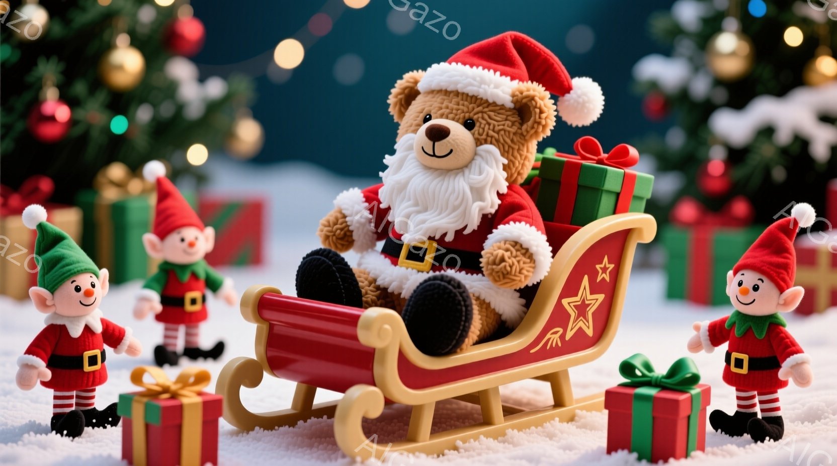 ぬいぐるみで作られたサンタクロースが、そりに座ってプレゼントを届けようとしています。背景にはクリスマスツリーが飾られ、雪の上にプレゼントボックスが並び、クリスマスの喜びと暖かさを感じさせる、可愛らしい - AI生成フリー素材