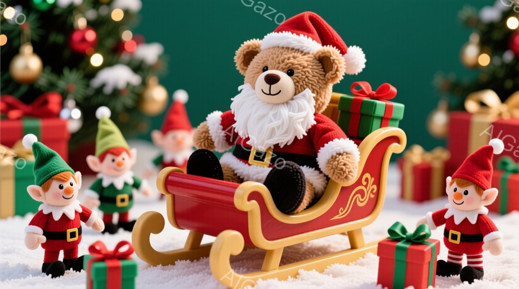 ふわふわのテディベアがサンタクロースの衣装を着て、赤いそりに座っています。周りには緑色のエルフの人形が立っており、足元には赤いリボンで結ばれたプレゼントの箱がいくつか置かれています。背景にはクリスマス - AI生成フリー素材