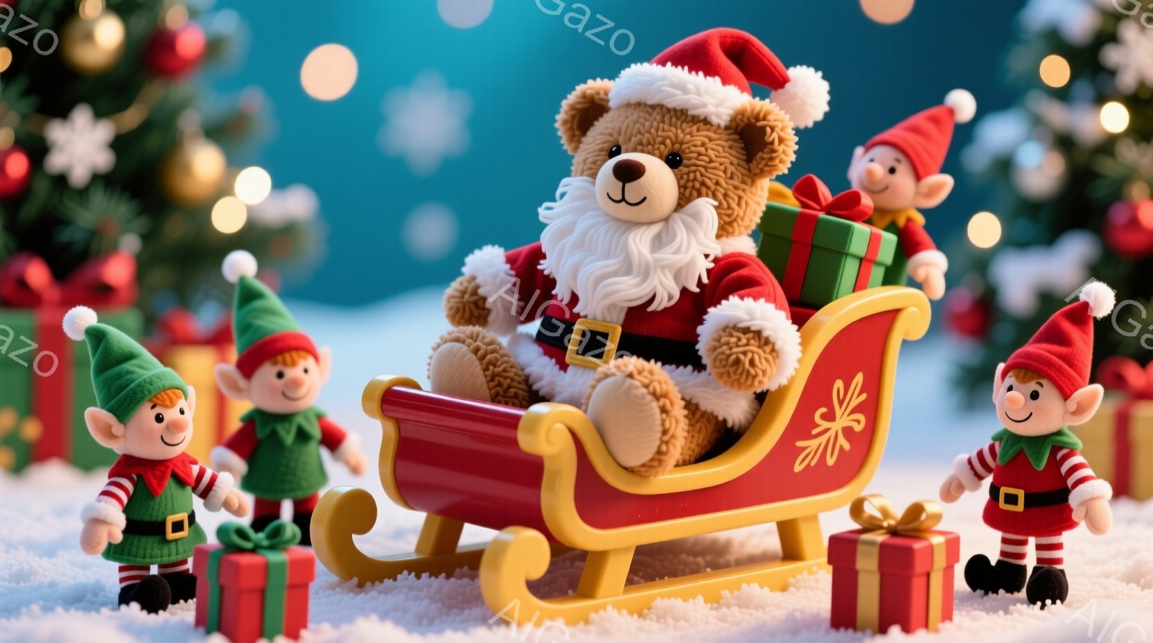 ぬいぐるみで作られたサンタクロースのクマが、赤いそりに座って微笑んでいます。緑の妖精の服を着た３体の小さな妖精が、そりの周りに立ってプレゼントの箱を抱えており、雪景色の中にあります。背景にはクリスマスツリーがぼやけて見え、全体的に温かく、お祝いムードが漂っています。