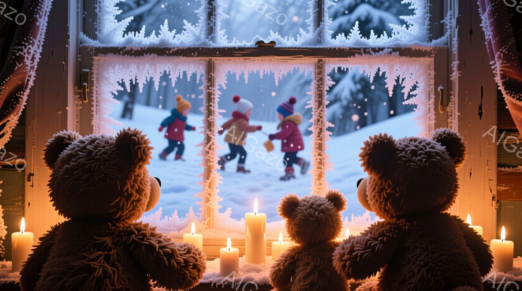 窓の外には雪景色が広がり、三人の子供たちが楽しそうに雪の中で遊んでいます。子供たちはそれぞれカラフルな帽子と厚手のコートを着ており、笑顔で雪合戦をしているようです。室内には、かわいらしいテディベアが並 - AI生成フリー素材