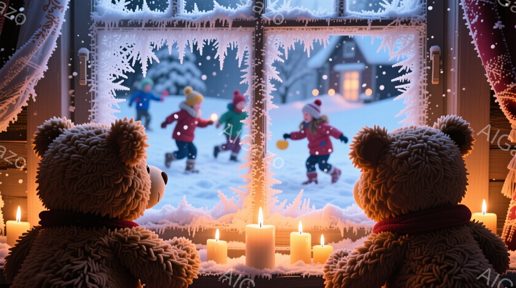 雪が降る冬の風景が窓を通して見えます。子供たちは厚手のコートと帽子を身につけ、雪の中で楽しそうに走り回っています。室内には、窓のそばに置かれたテディベアと点灯したキャンドルがあり、温かく穏やかな雰囲気 - AI生成フリー素材