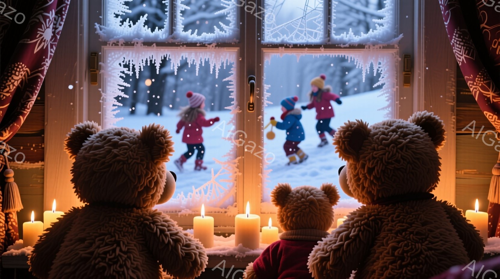雪景色を眺めるテディベアが三匹、窓辺に並んでいます。子供たちは赤い帽子とコートを着て、雪の中で楽しそうにスケートや雪遊びをしています。窓枠には霜が降りており、室内にはキャンドルの灯りが暖かく、冬の静かで穏やかな雰囲気を醸し出しています。