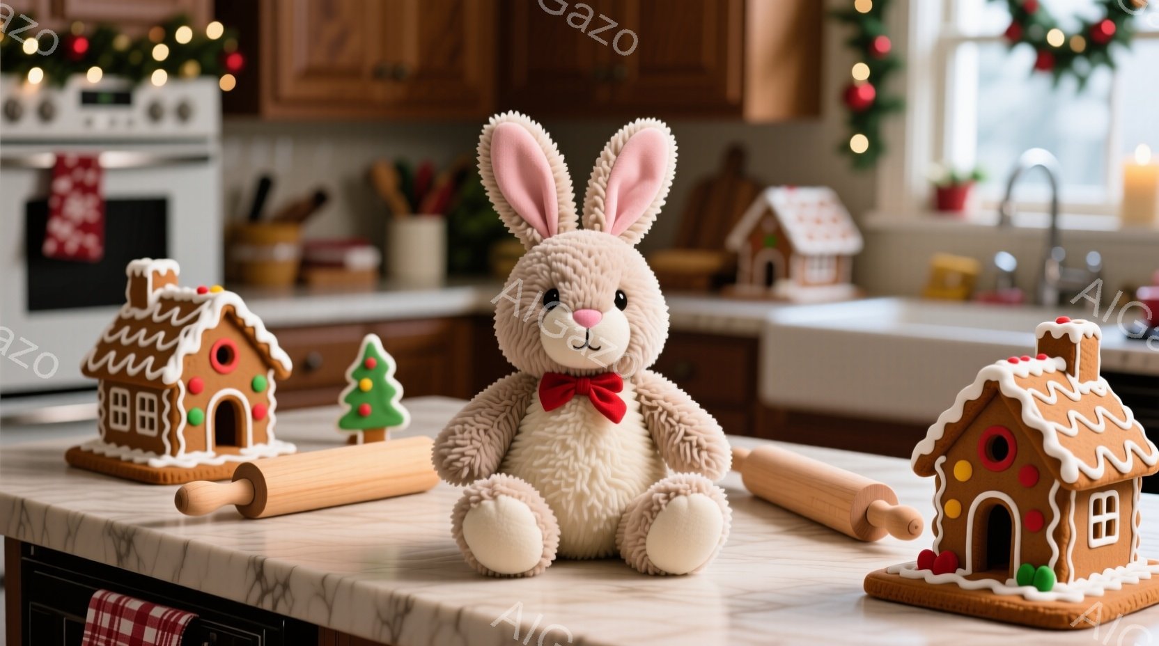 白いカウンタートップの上に、茶色のふわふわのウサギのぬいぐるみと、ジンジャーブレッドハウスがいくつか並んでいます。ウサギのぬいぐるみは赤いリボンをつけており、落ち着いた表情で正面を見つめています。背景 - AI生成フリー素材