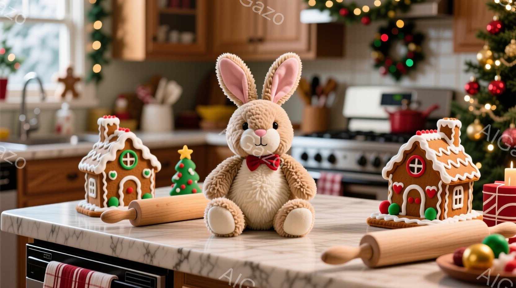 明るいキッチンカウンターの上に、ふわふわの茶色のウサギのぬいぐるみと、クリスマスのジンジャーブレッドハウスが並んでいます。ウサギのぬいぐるみは赤いリボンをつけており、穏やかで優しい表情をしています。背 - AI生成フリー素材