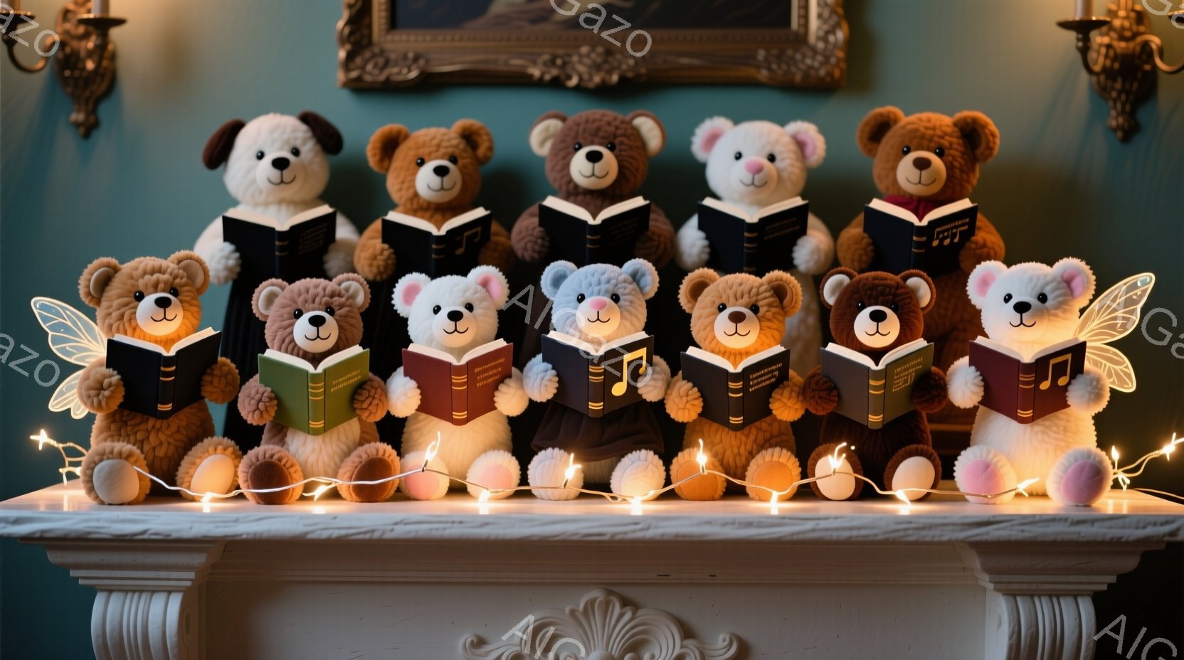 暖炉の上に、様々な毛色のテディベアたちが一列に並び、楽譜を開いて歌っている様子が描かれています。彼らは黒いベストを着ており、真剣な表情で歌に集中しているようです。背景には暗緑色の壁と絵画があり、暖炉の - AI生成フリー素材