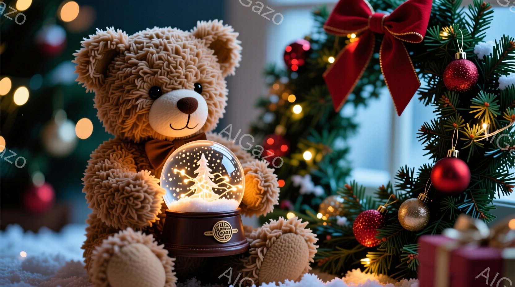 ふわふわの茶色のテディベアが、雪景色が入ったガラスの雪球を抱えています。背景には、赤いオーナメントとリボンで飾られたクリスマスツリーがあり、雪が降っているような白い敷物が敷かれています。全体的に温かく、クリスマスの穏やかな雰囲気が漂っています。