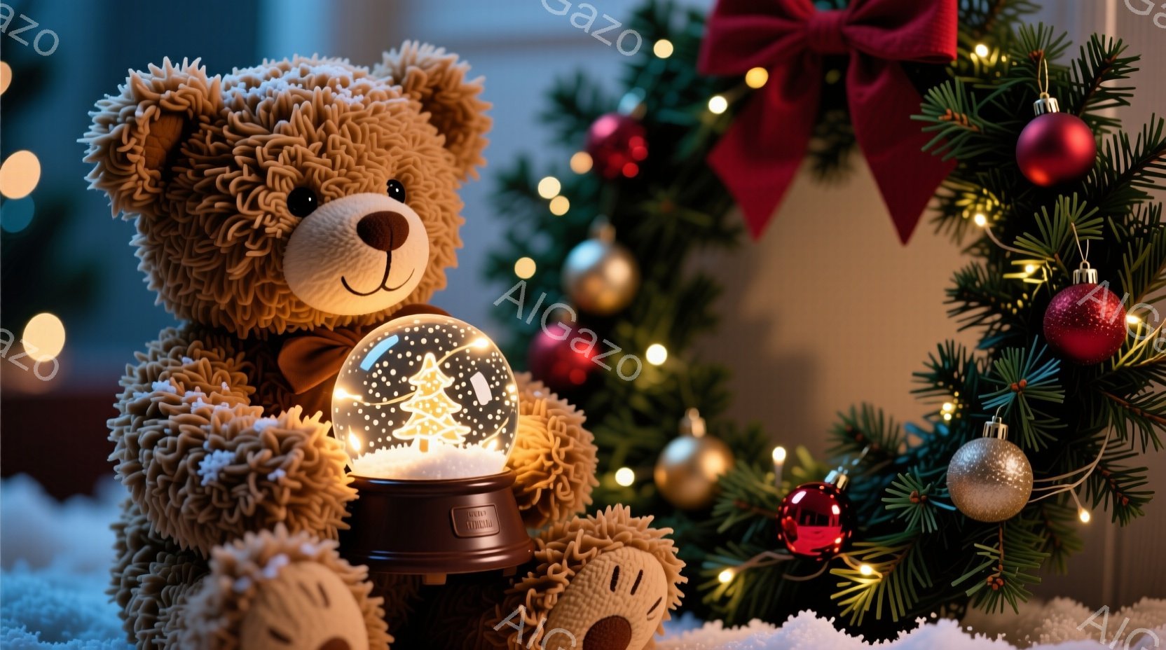 ふわふわの茶色のテディベアが、雪の結晶が入った光るスノーグローブを抱えています。背景には、赤いオーナメントと緑のクリスマスツリーが飾られ、雪が降っている様子が表現されています。全体的に暖かく、冬のホリ - AI生成フリー素材