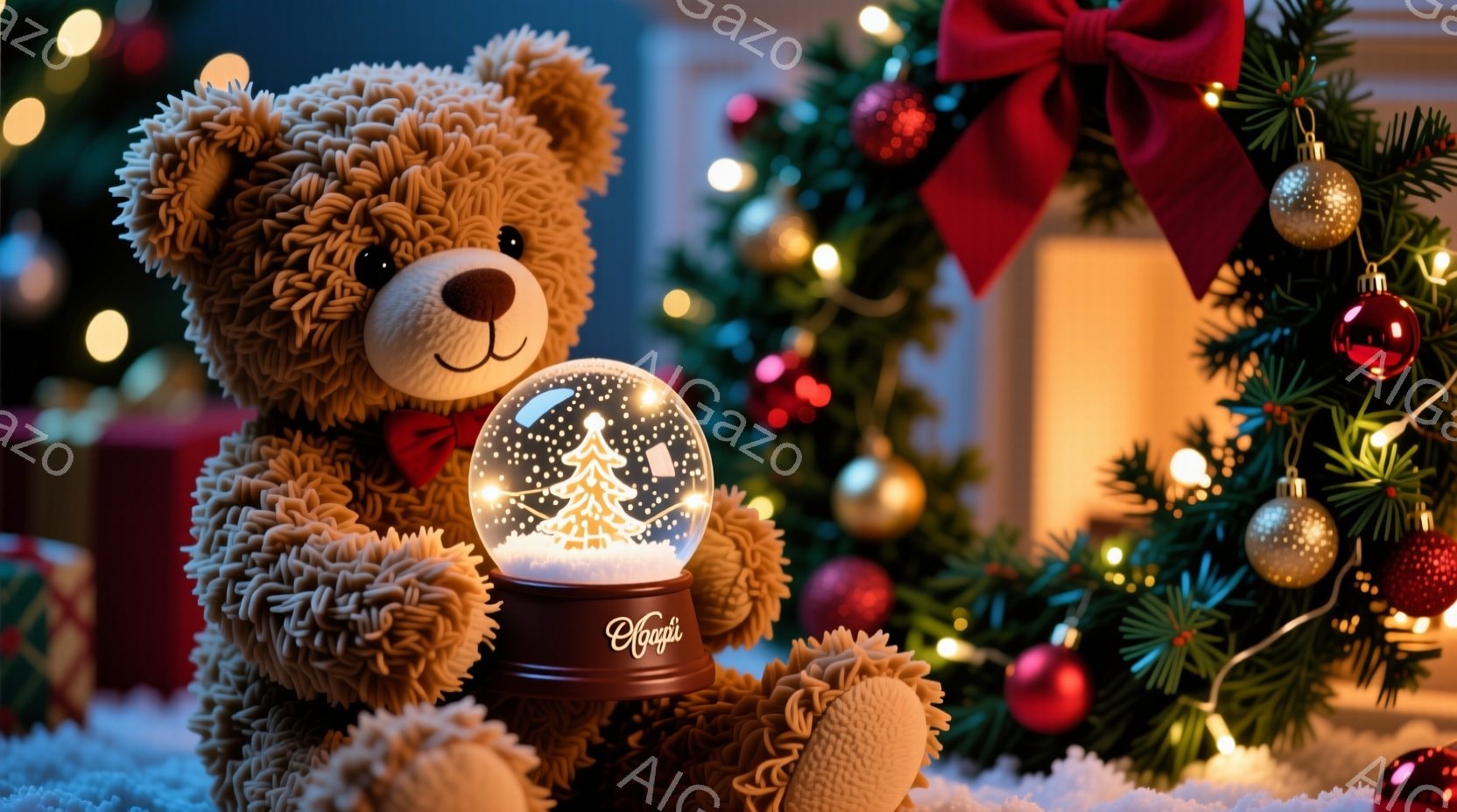 ふわふわの茶色のテディベアが、雪の結晶と小さなクリスマスツリーが入ったガラスの雪の玉を抱きしめています。背景には、赤いリボンと装飾が施された緑のクリスマスツリーがあり、ぼやけた背景にはクリスマスプレゼ - AI生成フリー素材