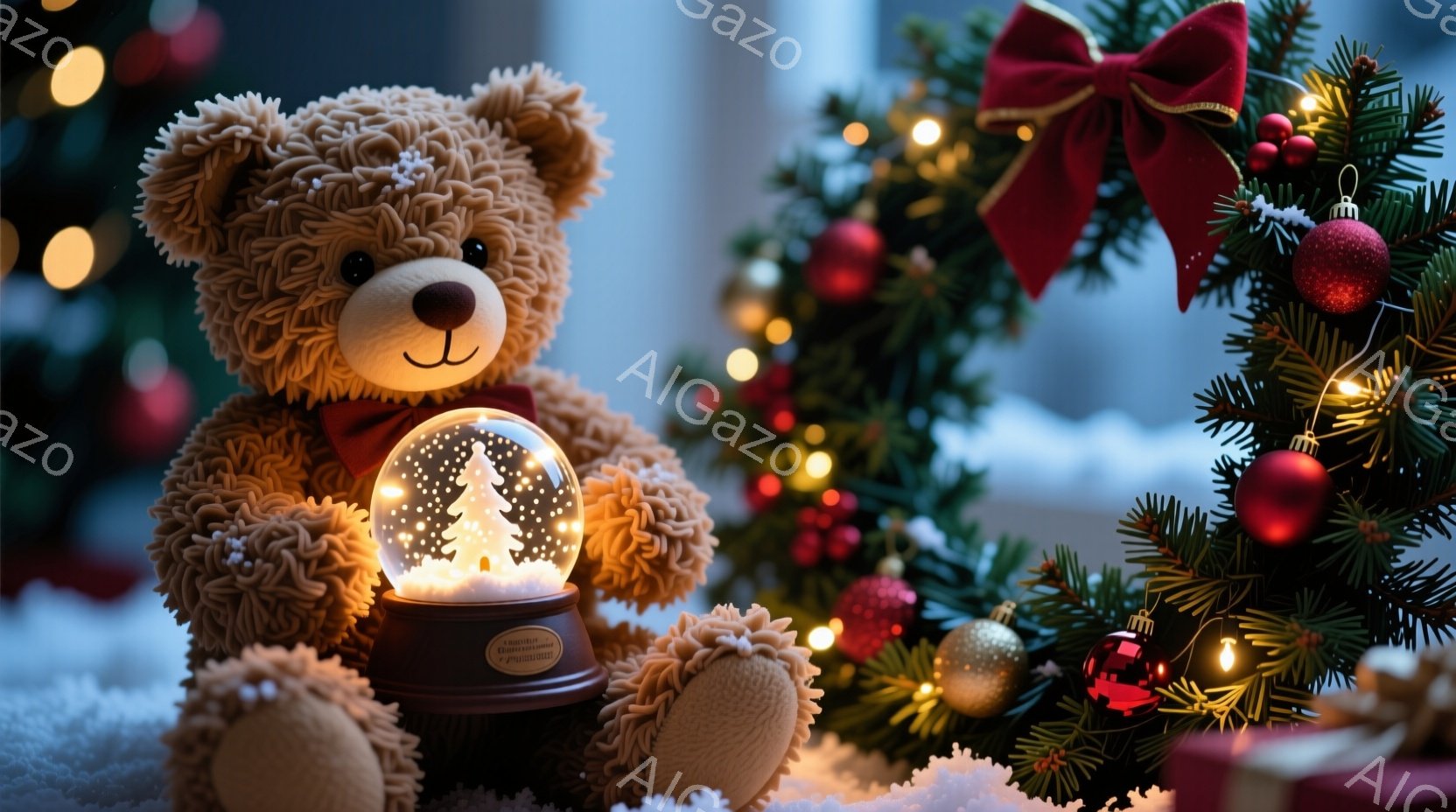 ふわふわの茶色のテディベアが、雪の結晶が輝く、光るクリスマスのオーナメント（スノーグローブ）を抱えています。背景には、赤いリボンや金色のボールで飾られた緑豊かなクリスマスツリーがあり、雪が降る冬の暖かい雰囲気を作り出しています。全体的に、心温まる休日シーズンの静かで魅力的な光景です。