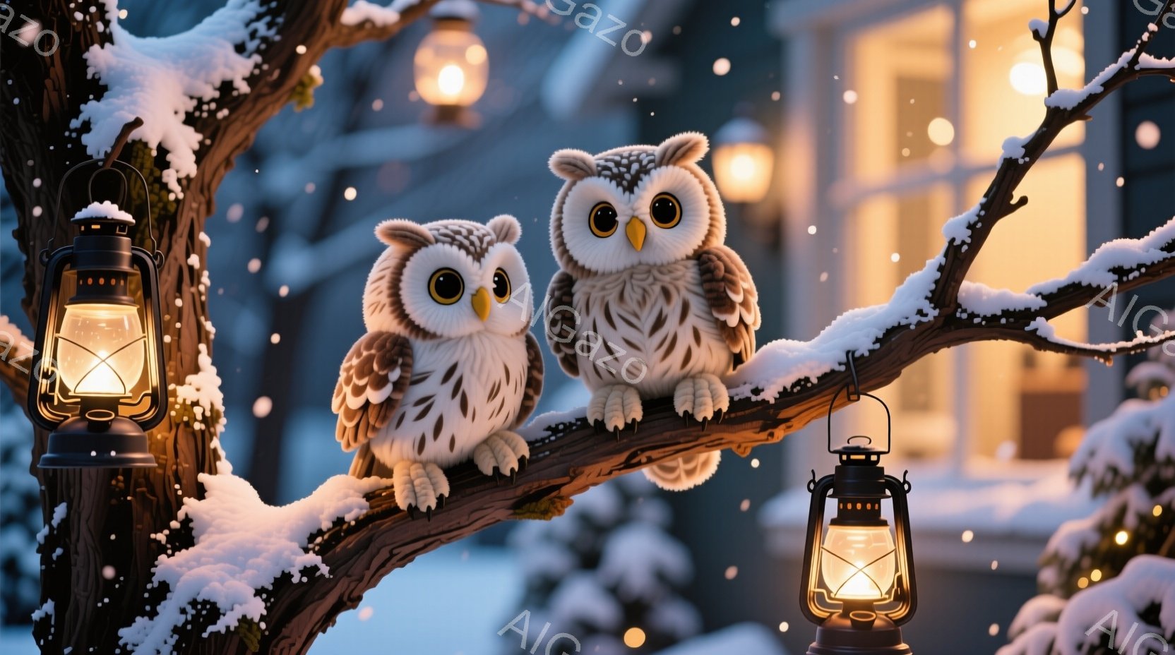 雪に覆われた木の枝に、二羽の可愛らしいフクロウが並んで座っています。フクロウは大きな目を輝かせ、丸い体には白い模様が描かれています。背景には暖色の光を灯した家々が見え、雪が静かに降り積もる冬の夜の穏や - AI生成フリー素材