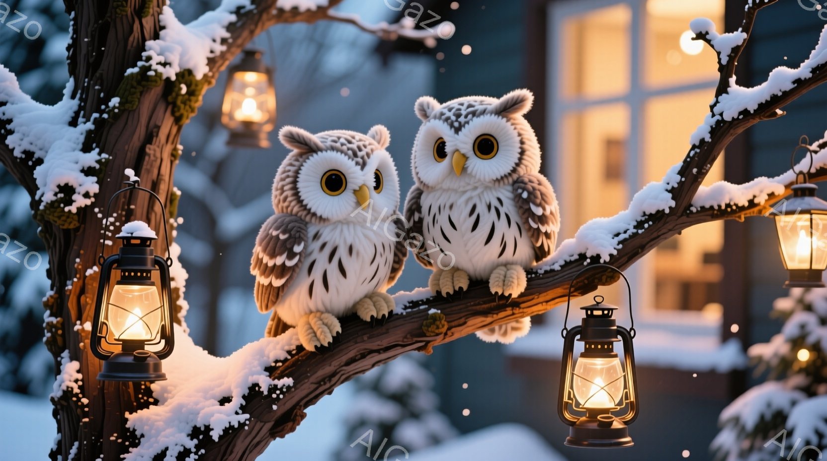 雪に覆われた木の枝に、丸い目をした可愛らしいフクロウが二羽並んで座っています。暖かく光るランタンが周囲を照らし、背景にはぼんやりと家が見え、冬の穏やかな夜の雰囲気を醸し出しています。雪が静かに降り積も - AI生成フリー素材