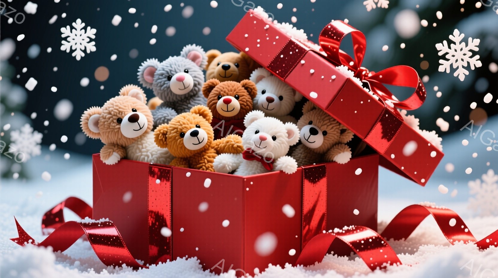 赤いギフトボックスの中に、様々な色のテディベアがぎっしりと詰まっています。雪が降り積もる背景と、赤いリボンが可愛らしさを引き立て、暖かく幸せな雰囲気を醸し出しています。テディベアたちはそれぞれ異なる表 - AI生成フリー素材