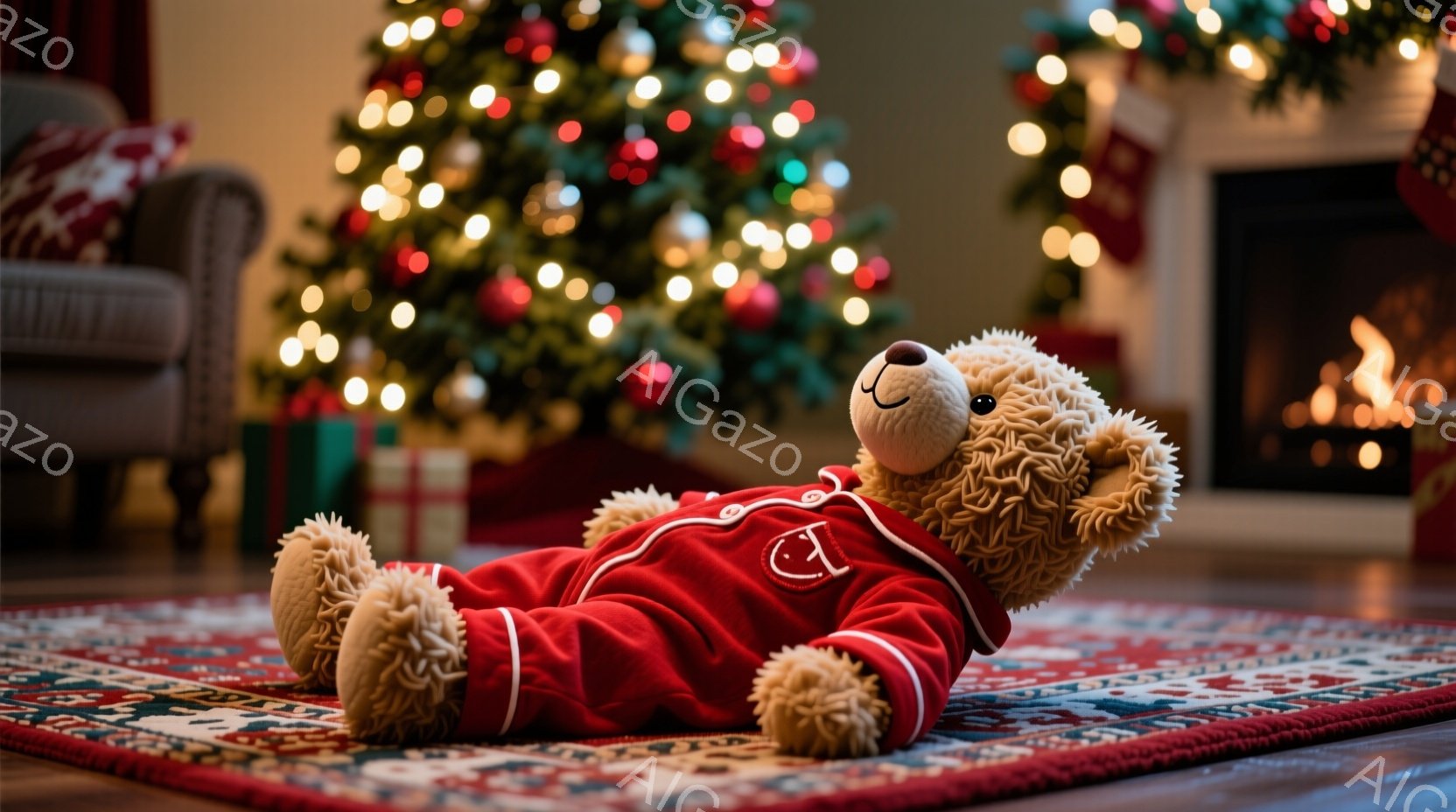 暖炉とクリスマスツリーが飾られた居間に、テディベアが赤色のパジャマを着て仰向けに寝ています。テディベアはリラックスした表情で、周囲のプレゼントや暖炉の火が温かい雰囲気を醸し出しています。絨毯には複雑な模様があり、全体的に心地よく、家庭的なクリスマスの光景が広がっています。