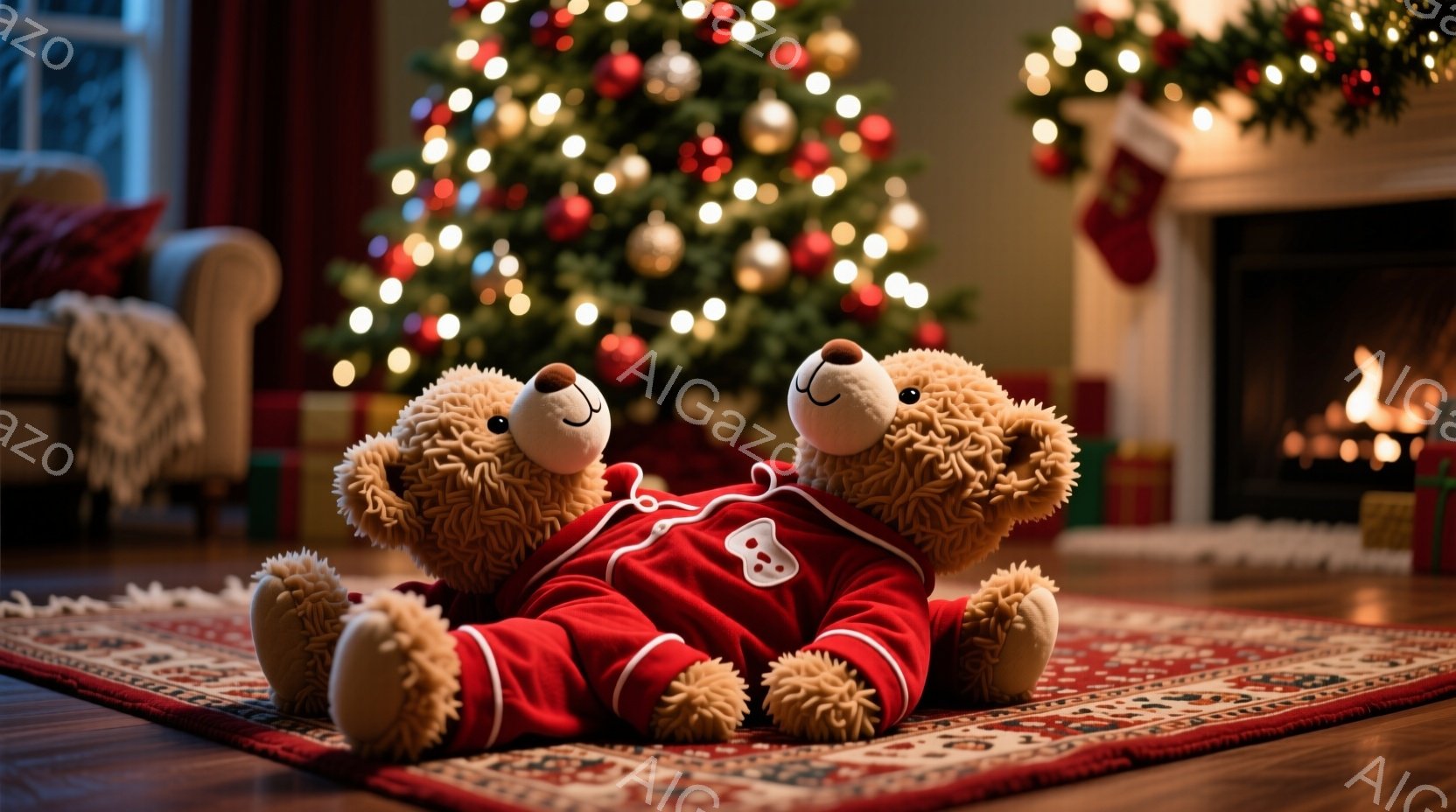2匹のテディベアが赤い絨毯の上で寄り添って座っています。ベアたちは赤いパジャマを着ており、幸せそうな表情を浮かべています。背景にはクリスマスツリーが飾られ、暖炉の火が灯っている暖かく心地よい光景です。
