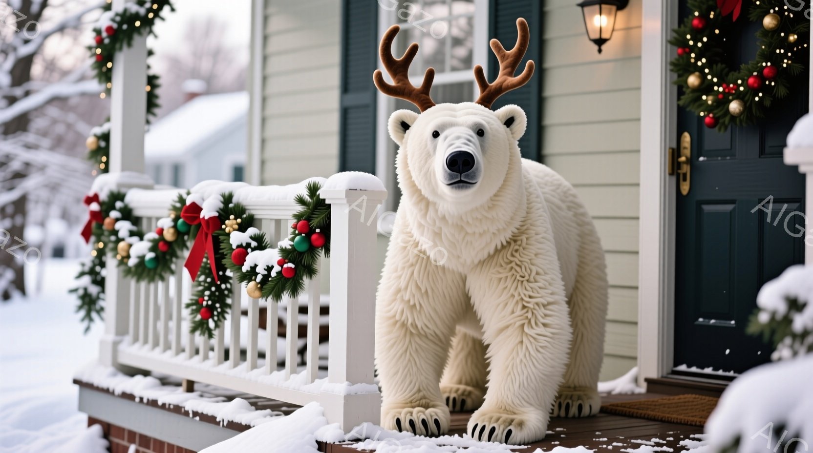 白い毛並みの大きな熊の置物が、雪に覆われた家の玄関ポーチに立っている。背景には、クリスマスリースやイルミネーションで飾られた家があり、雪景色が広がり、穏やかで冬の雰囲気を感じさせる。置物は角のようなものを付けており、可愛らしい印象を与える。