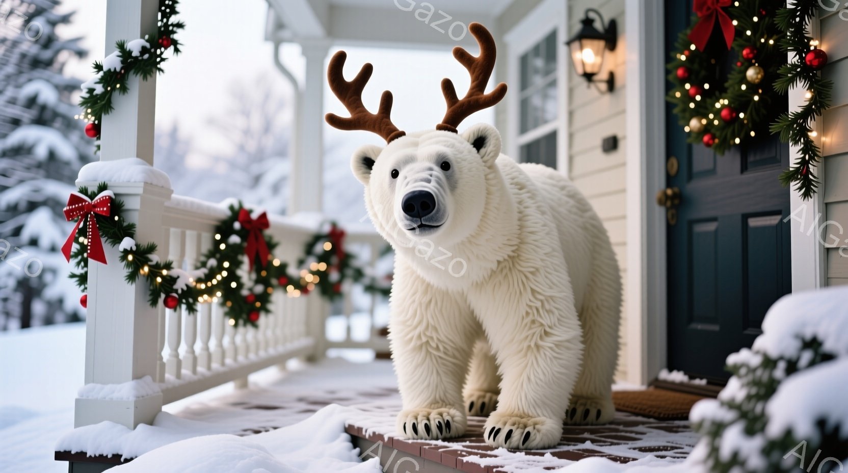 白いクマが、まるでトナカイのように角をつけて家の玄関ポーチに立っている。背景には雪景色が広がり、玄関の周りはクリスマスリースや装飾で華やかに飾られている。暖かく、遊び心のある冬の雰囲気が漂う、ユニークな光景だ。