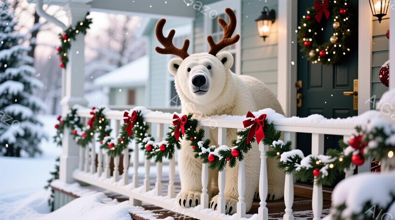 白いベランダの柵に、トナカイの角を付けた大きな白い熊の置物が座っています。背景には雪に覆われた家と、クリスマス飾りのリースやガーランドがあり、雪が舞う冬の風景です。全体的に温かく、クリスマスの祝祭ムー - AI生成フリー素材