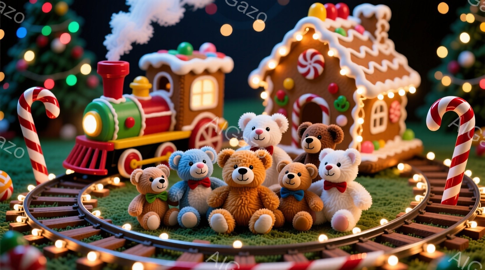 鮮やかな緑の芝生の上に、様々な色のテディベアたちが列車を囲んで座っています。背景には、ジンジャーブレッドハウスとクリスマスの飾り付け、そして点灯された電球が散りばめられ、暖かい祝祭の雰囲気を醸し出しています。テディベアたちはそれぞれ異なる色の服を着ており、楽しそうな表情をしています。