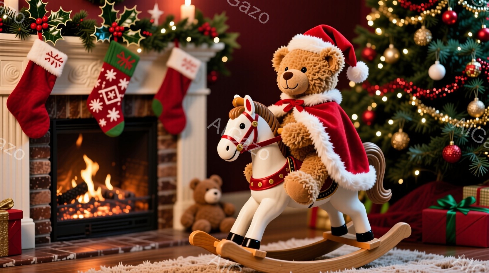 クリスマスを祝う温かいシーンが描かれています。大きな暖炉の前に、ロッキングホースに乗ったテディベアがサンタの帽子とケープを身につけ、楽しそうにしています。背景にはクリスマスツリーとプレゼント、そして暖 - AI生成フリー素材