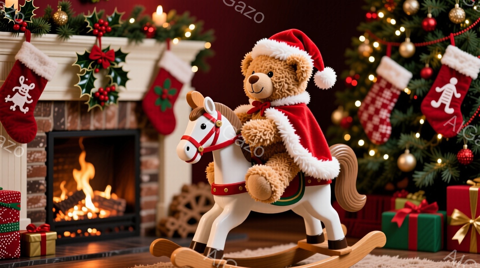 暖炉のそばに、テディベアが木製のロッキングホースに乗って飾られています。テディベアはサンタの帽子と赤いマントを着ており、ロッキングホースは白く、木製のフレームが温かみを添えています。背景にはクリスマス - AI生成フリー素材
