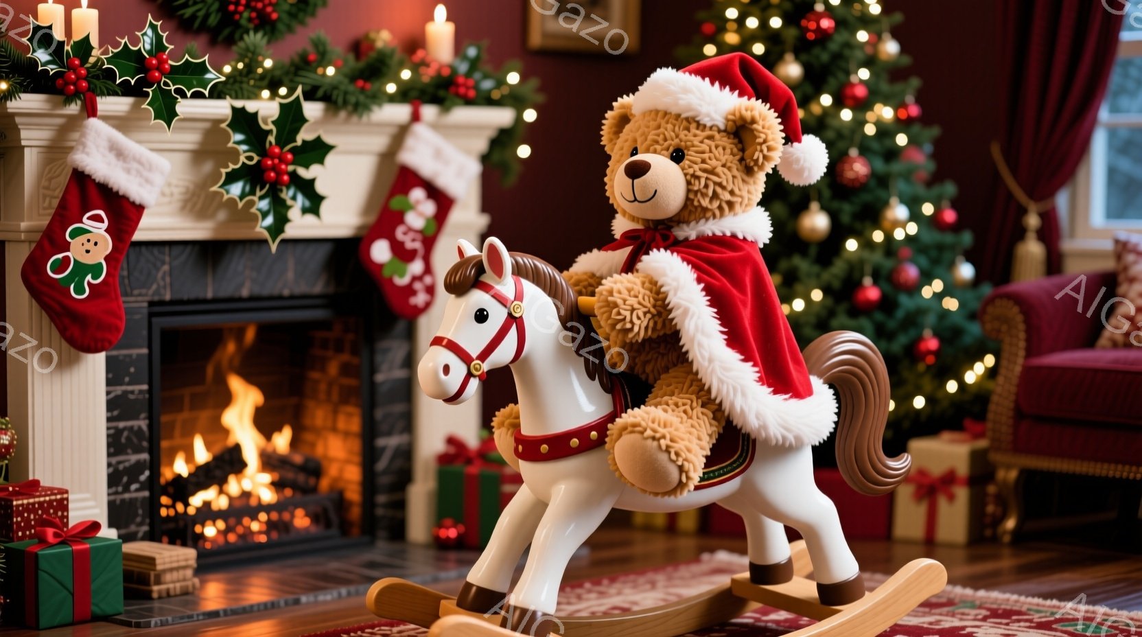 暖炉の前には、赤いサンタ帽と赤いケープを羽織ったテディベアが、白いロッキングホースに乗り、活気に満ちたクリスマスシーンが描かれています。暖炉の周りにはプレゼントボックスが積み重ねられ、クリスマスツリー - AI生成フリー素材