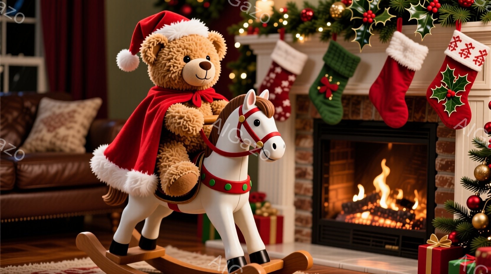 暖炉の前に置かれたロッキングホースに乗ったテディベアが描かれています。テディベアは赤いサンタの帽子と赤いマントを着ており、陽気な表情をしています。背景にはクリスマスツリーやプレゼント、そして暖炉の火が - AI生成フリー素材