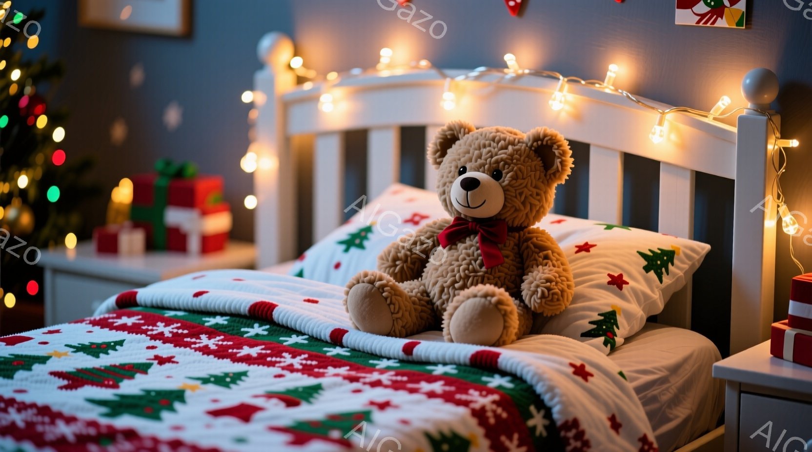 柔らかい茶色のテディベアがベッドの上に座っており、赤いリボンを首に巻いています。ベッドはクリスマスをテーマにした模様のシーツで覆われ、ヘッドボードには温かい光を放つストリングライトが飾られています。背 - AI生成フリー素材