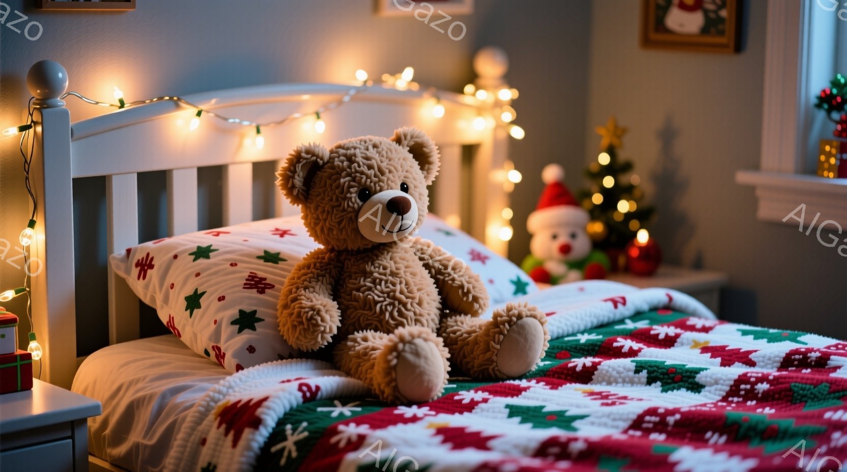 暖炉のそばのベッドに、ふわふわの茶色のテディベアが座っています。背景にはクリスマスツリーとプレゼントボックスがあり、ベッドには緑、赤、白のホリデー柄の毛布と枕が置かれています。全体的に暖かく、居心地の - AI生成フリー素材