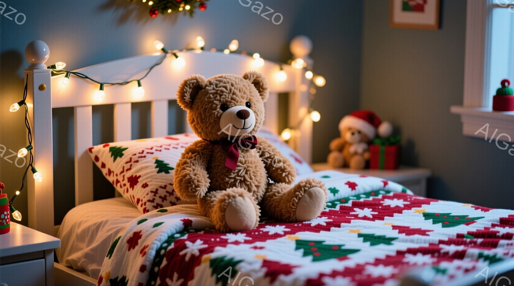 白いベッドに大きなテディベアが座っており、赤いリボンをつけています。背景にはクリスマスツリーの飾りと電飾があり、ベッドカバーにはクリスマスのパターンが描かれています。全体的に暖かく、お祝いムードに満ち - AI生成フリー素材
