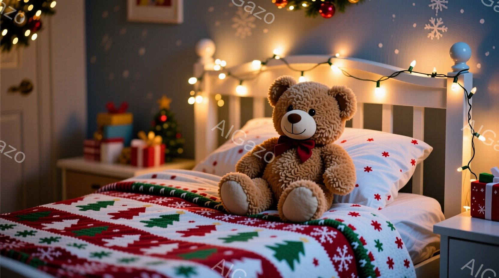 暖炉のそばのベッドに、可愛らしい茶色のテディベアが座っています。ベッドはクリスマスらしい模様のシーツで覆われ、枕元には赤いリボンが結ばれたプレゼントが置かれています。背景にはクリスマスツリーや飾り付け - AI生成フリー素材