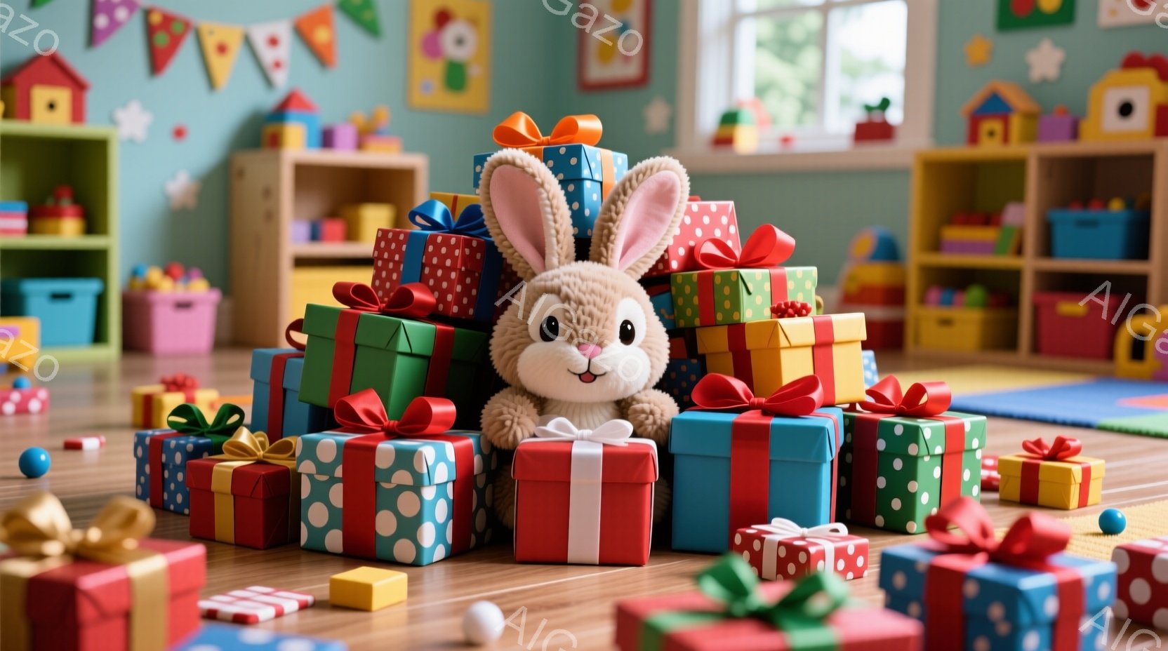 明るい遊戯室で、プレゼントの箱が積み上げられています。その中央には、ふわふわの茶色のうさぎのぬいぐるみがあり、可愛らしい表情でこちらを見つめています。背景には、カラフルなおもちゃや収納棚が見え、遊び心 - AI生成フリー素材