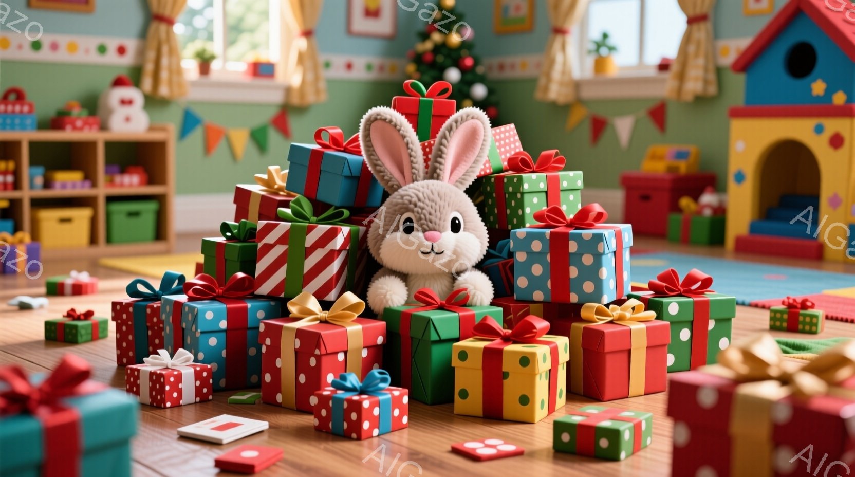 明るい木製の床に、赤、緑、水色の包装紙で包まれたプレゼントの山が積み上げられています。その中心には、大きな耳と愛らしい表情の白いウサギのぬいぐるみがあり、プレゼントの山から顔を出しています。背景には、 - AI生成フリー素材