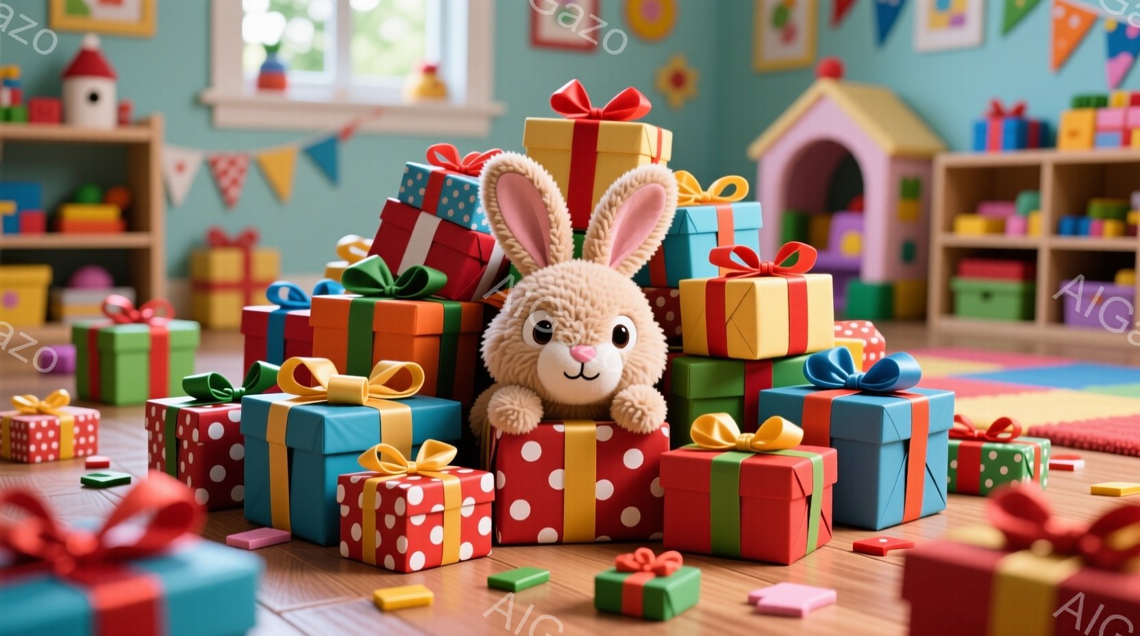 鮮やかなプレゼントの山の中に、ふわふわの茶色いウサギの人形が座っています。ウサギは丸い耳を持ち、可愛らしい笑顔を浮かべており、お祝いの雰囲気を演出しています。背景には、おもちゃが並んだカラフルな部屋が - AI生成フリー素材