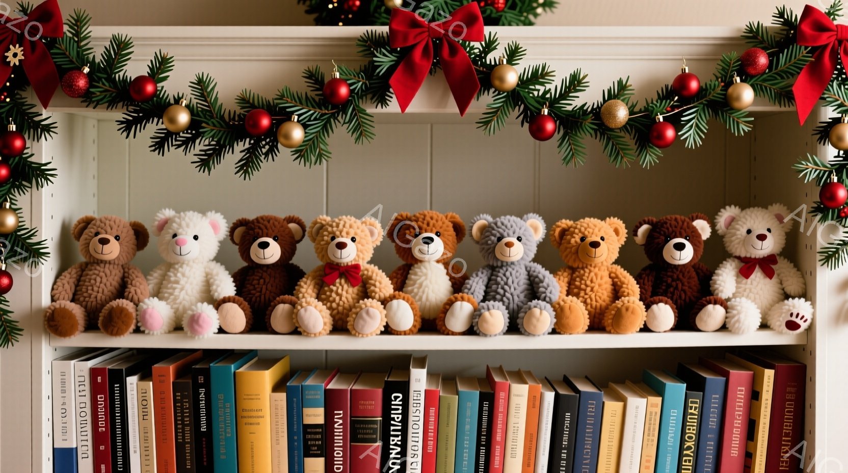 白い棚に、様々な色のテディベアが並べられています。テディベアたちはそれぞれリボンや蝶ネクタイなどの装飾を身に着け、可愛らしい姿を見せています。背景にはクリスマスリースや装飾が施され、暖かくお祝いムードに包まれています。