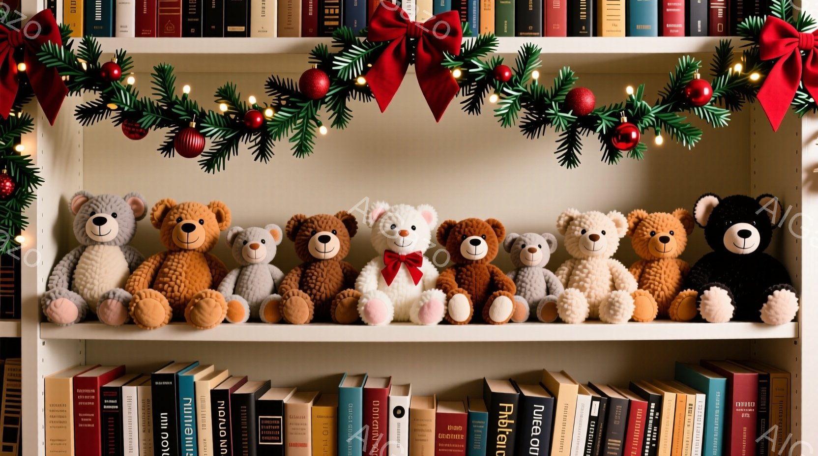 本棚上には多数のキャンディーベアとスタンティングドラゴンが並べられ、靴を履いた人物がその中で歩き始める。背景は白色で、照明が窓より入っている。雰囲気はユーモラスと可愛らしい。