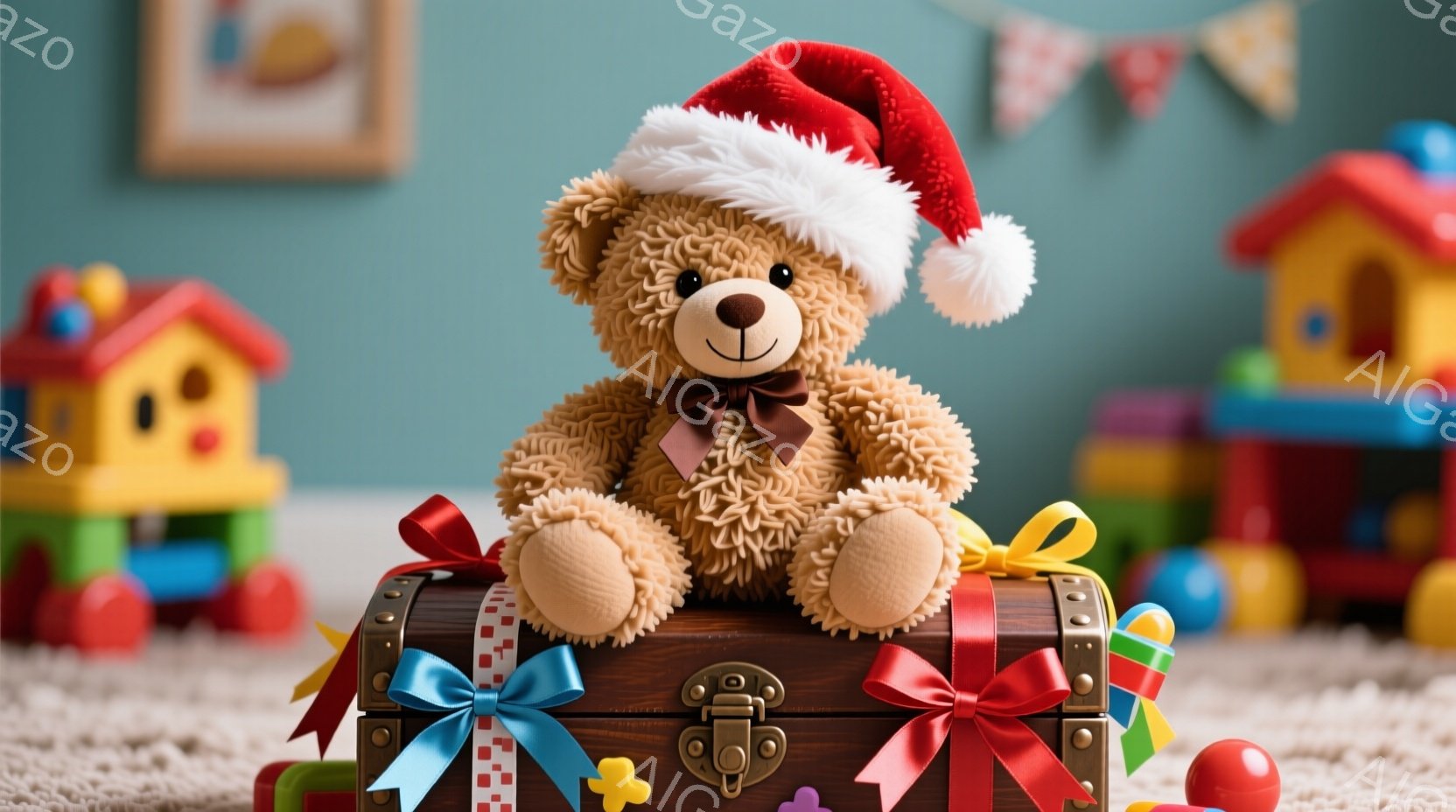 ふわふわの茶色のテディベアが、リボンとプレゼントで飾られた木製の宝箱の上に座っています。ベアは赤いサンタの帽子をかぶり、明るい茶色の蝶結びが首に巻かれています。背景にはカラフルな子供用のおもちゃの家や、カーペットが敷かれた部屋の一部が見え、全体的に温かく、お祝いの雰囲気が漂っています。