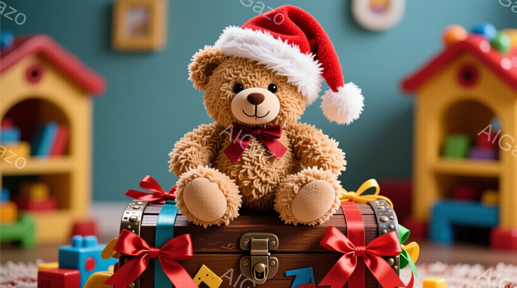 茶色いテディベアが、赤いサンタ帽とリボンをつけて、茶色の宝箱の上に座っています。背景には、カラフルな積み木と、かわいらしい小屋のような家が見え、おもちゃが散らばっています。全体的に暖かく、遊び心あふれるクリスマスの雰囲気が漂っています。