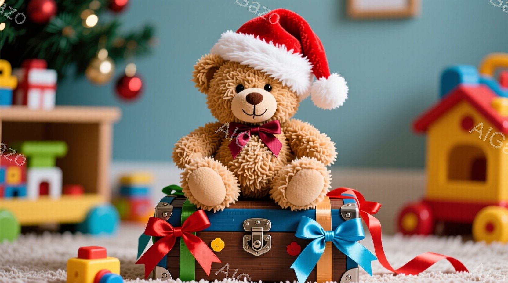 茶色のテディベアが、赤いサンタの帽子と赤いリボンをつけて、茶色のトランクの上に座っています。トランクは青いリボンで飾られており、背景には子供のおもちゃやクリスマスツリーが見えます。全体的に温かく、お祝 - AI生成フリー素材