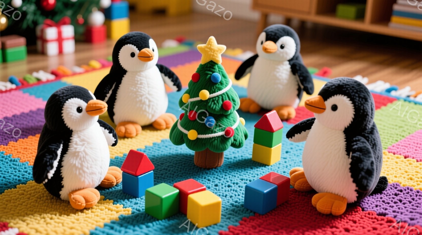 カラフルなパズルマットの上に、4匹の可愛らしいペンギンが、クリスマスの飾り付けられた小さな木を取り囲んでいます。ペンギンたちは黒と白の毛並みで、オレンジ色のくちばしと、好奇心と楽しさを表現した表情をしています。背景には、クリスマスプレゼントの箱が積み重なっており、お祝いムードを盛り上げています。
