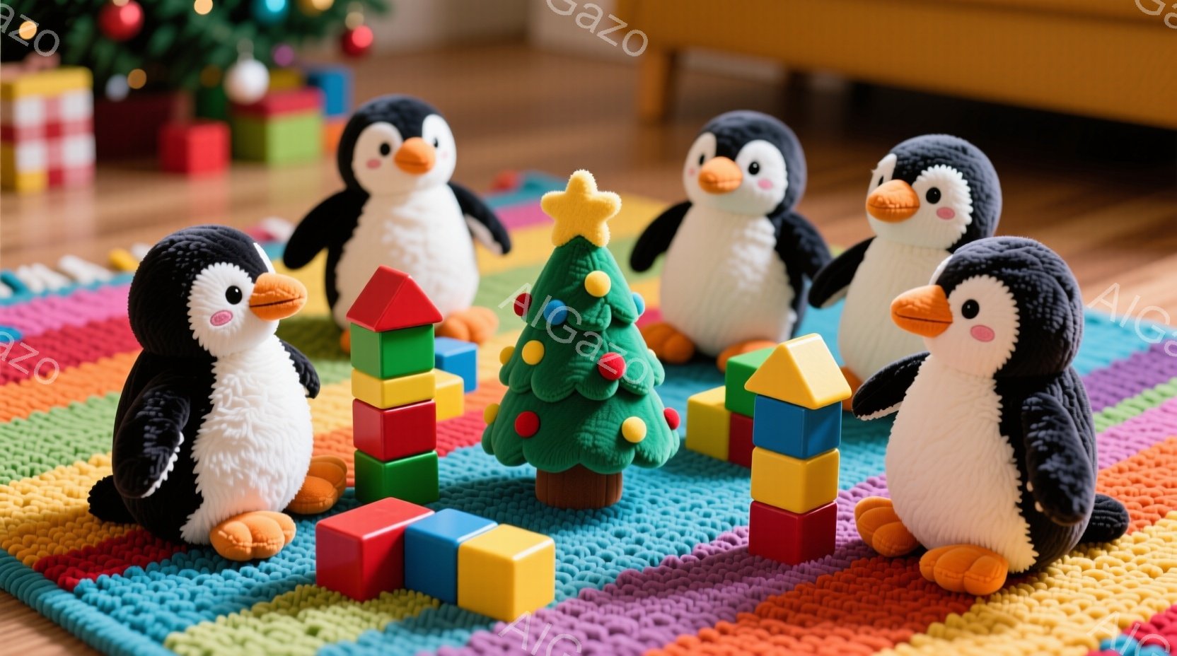 カラフルなブロックと毛糸で作られたクリスマスツリーを囲んで、四匹の可愛いペンギンが座っています。ペンギンたちは黒と白の毛並みで、オレンジ色のくちばしとつぶらな瞳が特徴的で、無表情ながらもどこか愛らしい - AI生成フリー素材