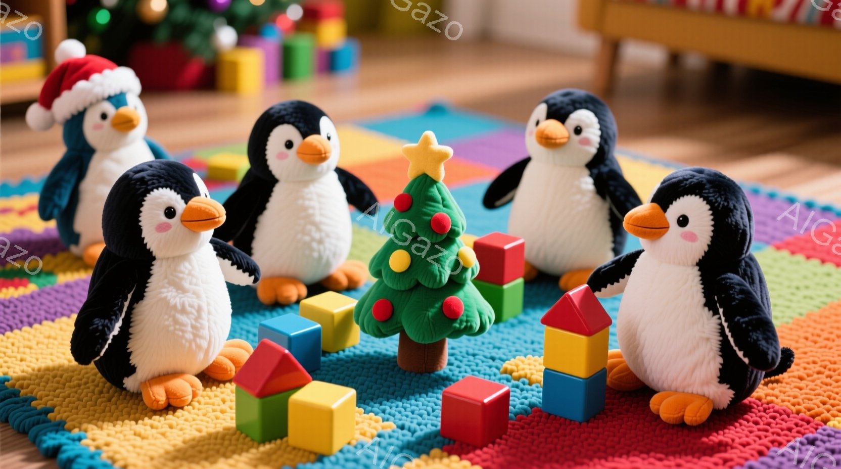 明るい色のパズルマットの上に、可愛らしいペンギンのぬいぐるみたちが円になって座っています。一匹はサンタの帽子を被っており、中心には小さなクリスマスツリーとカラフルな積み木が置かれています。全体的に暖かく、遊び心あふれるクリスマスの雰囲気です。